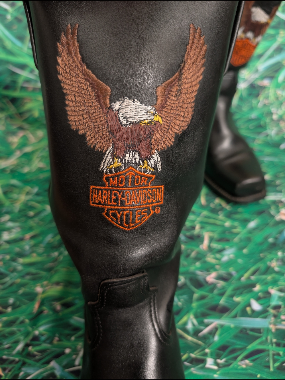 VTG Harley Davidson Black Leather Motorcycle Boots Patina Embroidered Eagle 8L - Picture 2 of 12